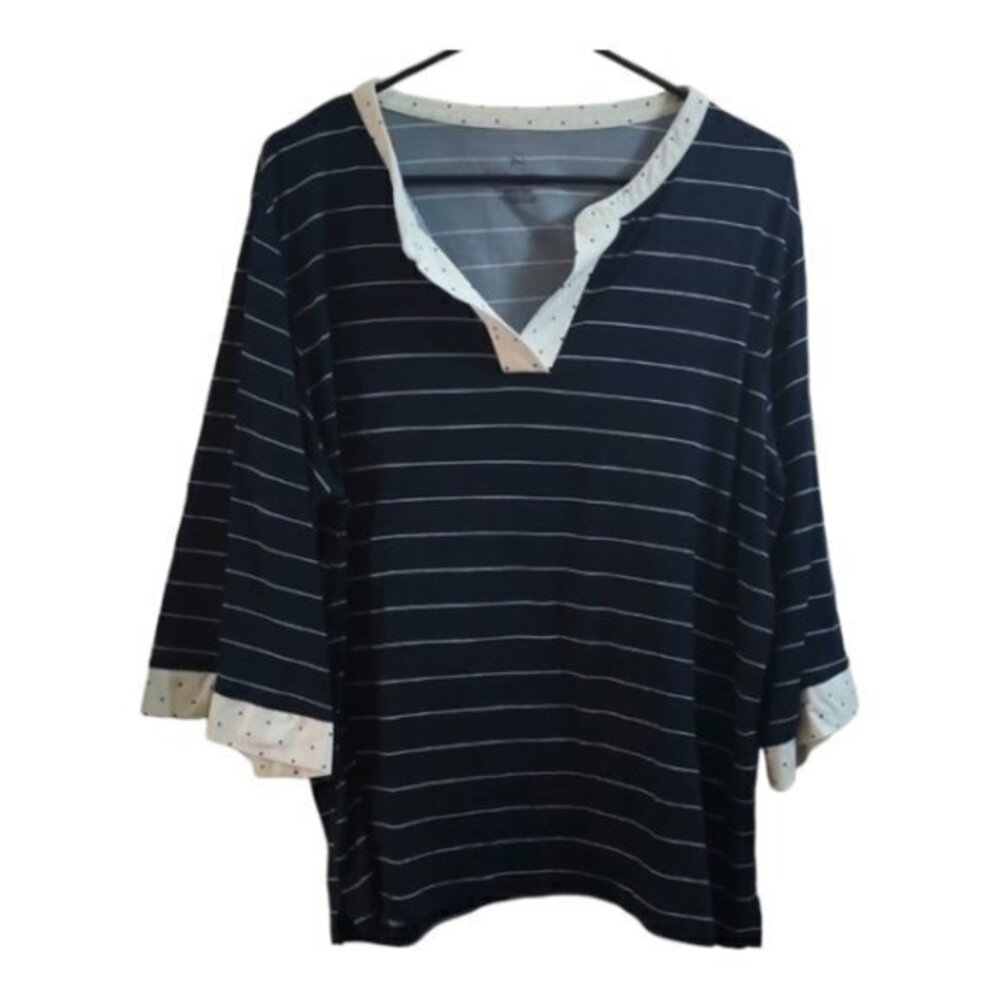 FN Flora Nikrooz Navy & White Stripe Polka Dot Pajama Shirt Top XL EUC #0276